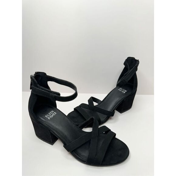 Eileen Fisher Sandals Womens Size 5 Black Suede Leather Open Toe Block Heel - Picture 7 of 10